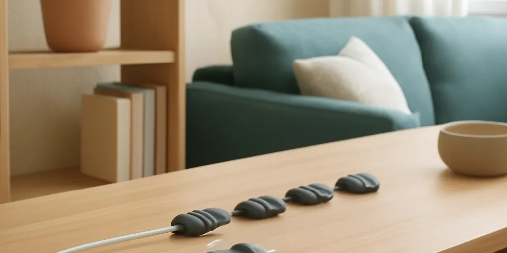 Adhesive cord clips review scene showing neatly routed charging cables along a clean desk edge