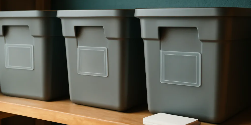 Clear adhesive label pockets on plastic storage bins with neatly typed category cards in a garage shelving area
