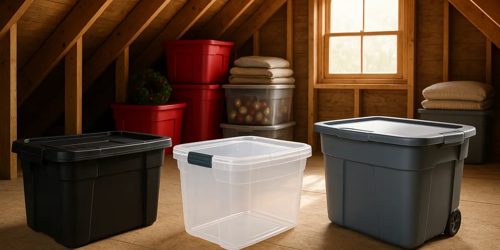 Warmly lit attic with three storage bin styles: a heavy-duty black tote, a clear latching storage bin, and a gray wheeled storage tote