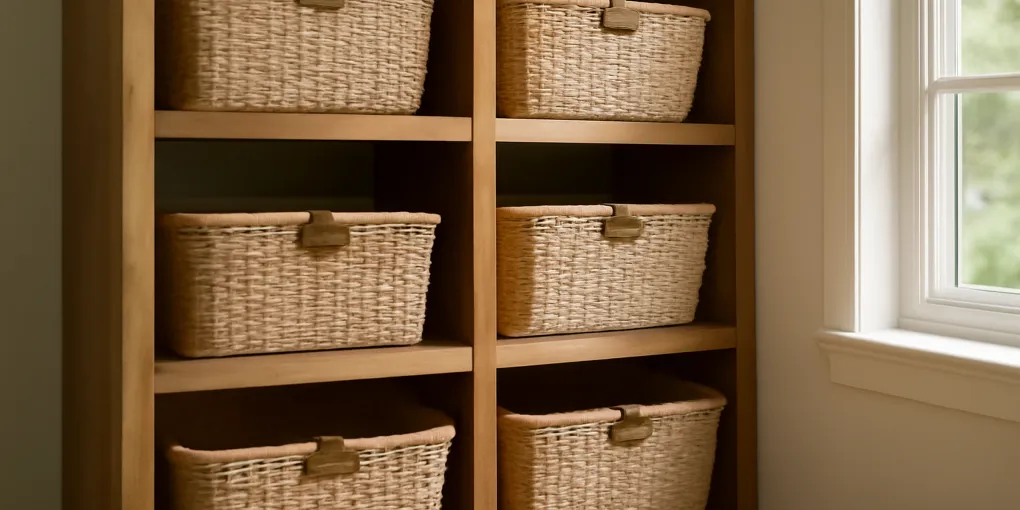 Open shelving with woven baskets, neat clip-on label holders, and sorted household categories in a bright mudroom