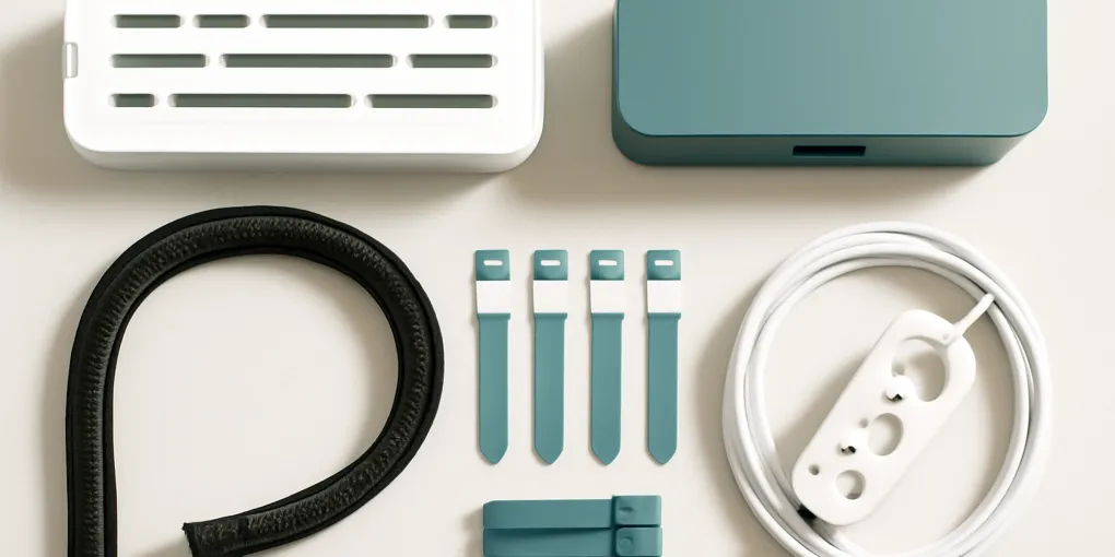 Tidy home office desk with cable tray, labeled cords, and organized charging accessories
