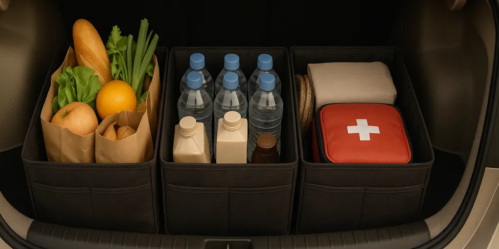Dark car trunk with organized storage bins and compartments filled with grocery bags and supplies