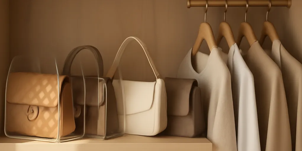 Small closet shelf with handbags standing upright in simple dividers and clear bins
