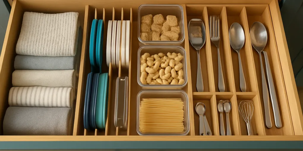 Deep kitchen drawers organized with bamboo dividers, clear bins, labeled lid zones, towels, and cooking tools