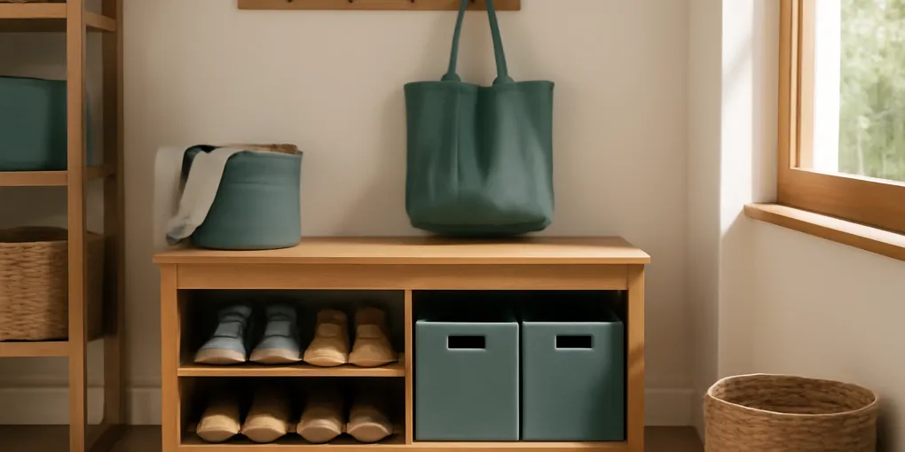 Small entryway with a narrow wooden shoe bench, neutral mat, and neatly stored shoes without visible text