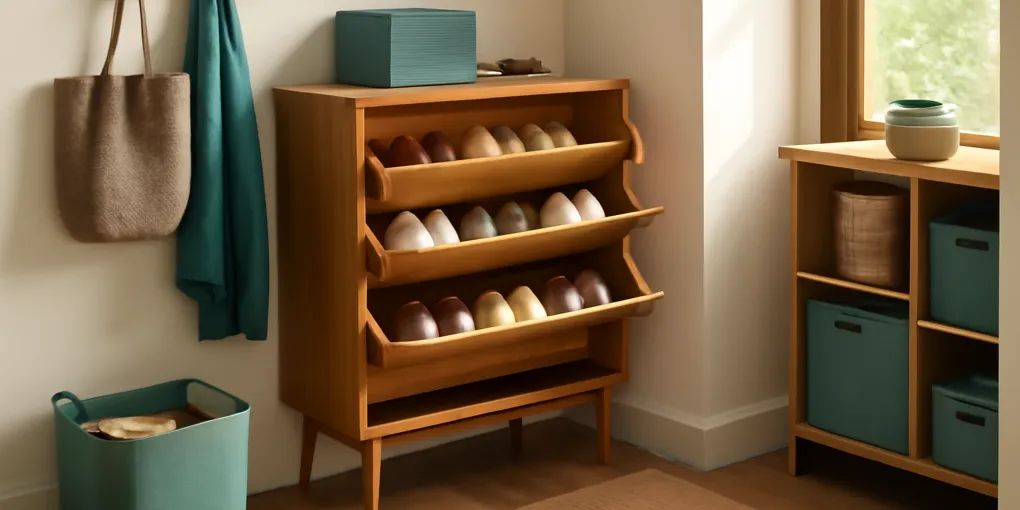 Narrow apartment entryway with closed shoe cabinet, drop tray, and clear walking path