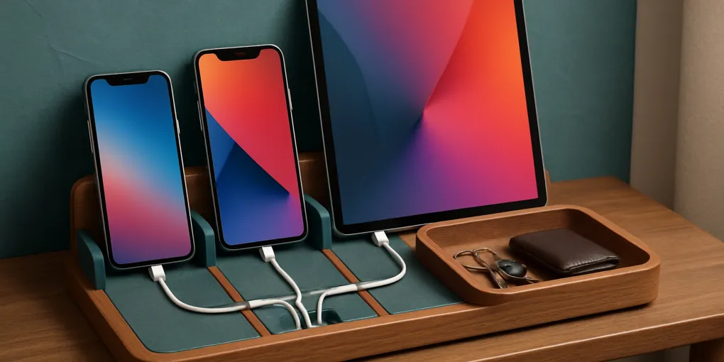 Family drop zone with a compact charging station, labeled cable slots, phones, tablets, keys, and a tidy counter boundary