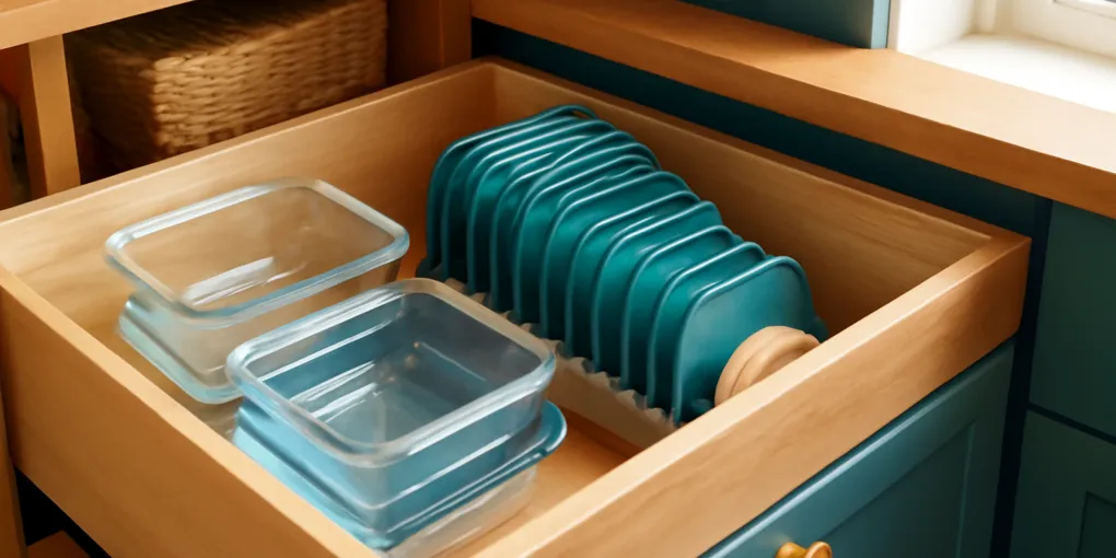 Deep kitchen drawer with food storage container lids sorted vertically in adjustable organizers