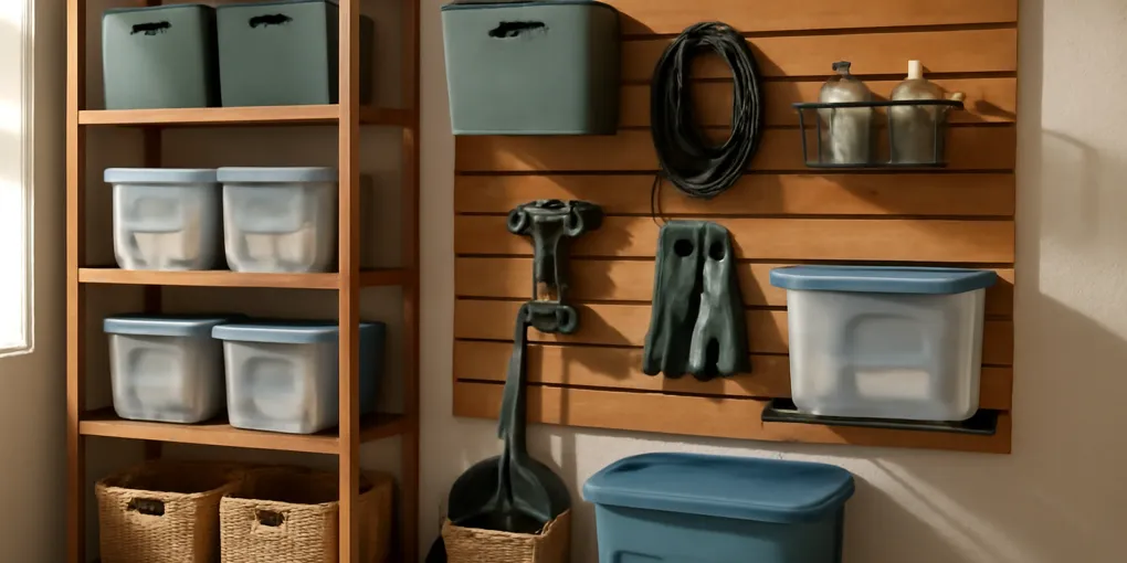 Organized garage wall with unbranded hooks, sports gear, and tools neatly stored without any visible text