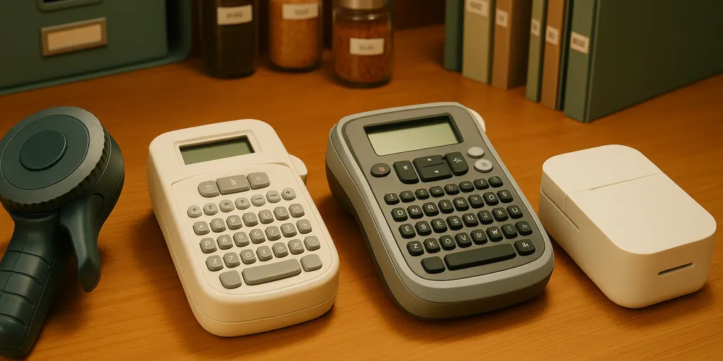 Label maker with colorful organized storage bins on a pantry shelf