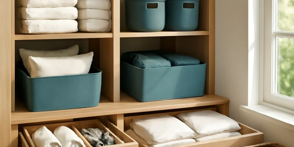 Photorealistic organized home scene showing linen closet shelf dividers and bins