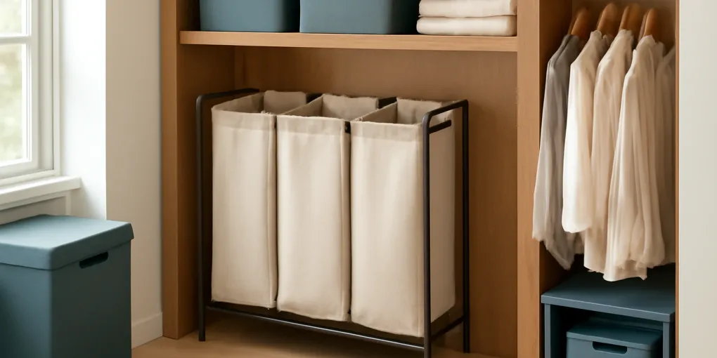 Slim rolling laundry sorter in a narrow apartment closet with folded towels and neutral storage bins