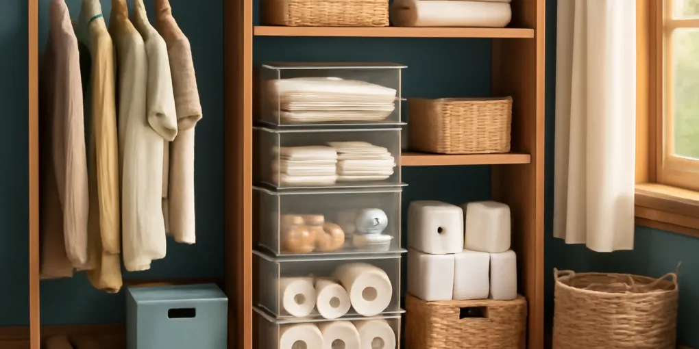 Photorealistic closet shelf with clear stackable bins labels folded linens and seasonal storage