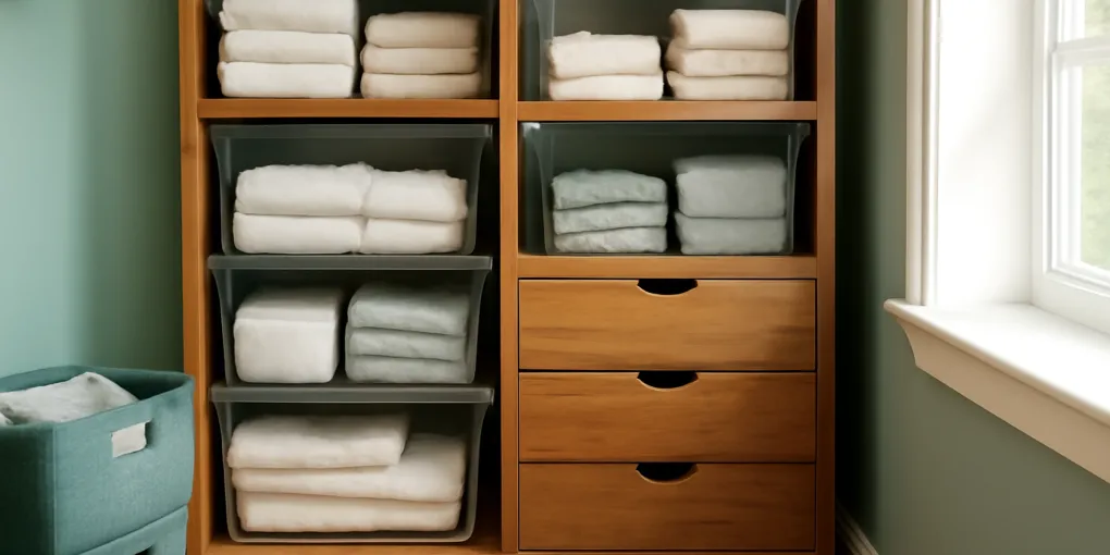 Organized best stackable clear bins for linen closets setup in a real home with labeled zones, clear access paths, and practical storage products