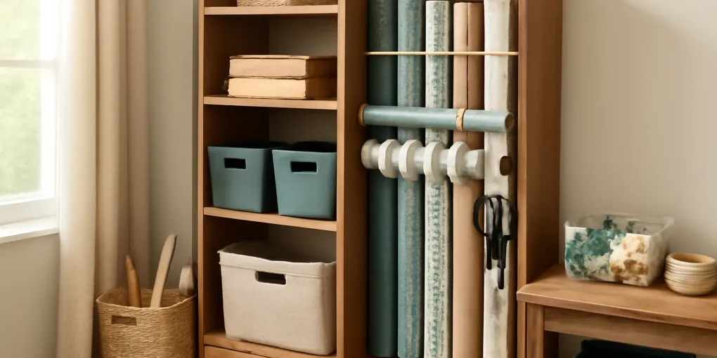 Vertical gift wrap organizer holding rolls, ribbon, tags, bags, and scissors in a tidy closet corner