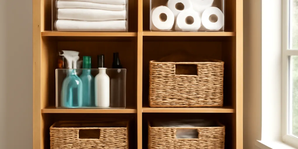 Photorealistic organized shelf comparing clear acrylic bins with woven baskets, household items neatly sorted in bright natural light