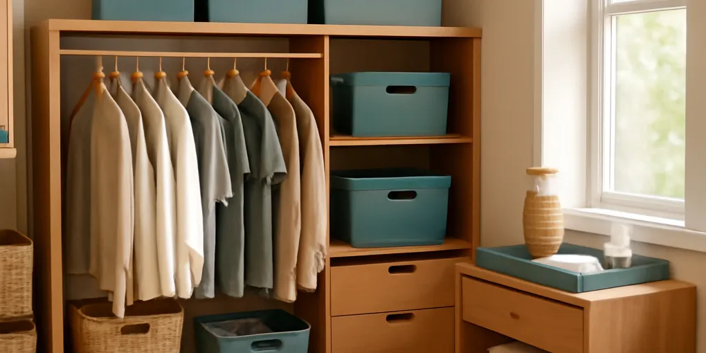 Organized bedroom closet with simple fabric bins, divided shelves, and neutral clothing zones