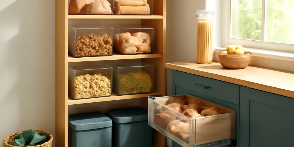 Clear pantry bins holding grains, snacks, and cans on an organized kitchen shelf