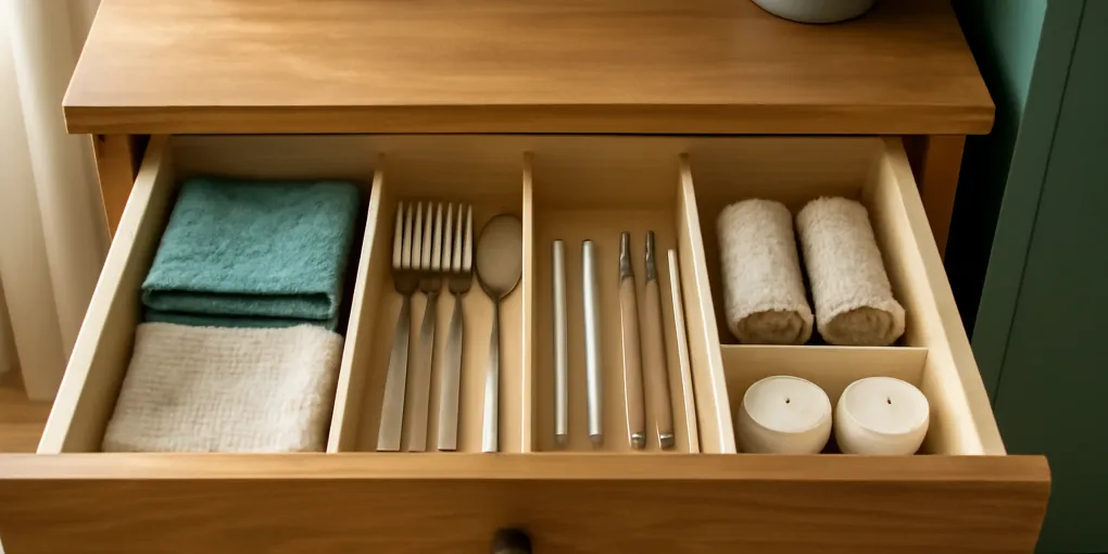 Open kitchen and desk drawers with adjustable dividers, trays, small tools, cords, batteries, and office supplies sorted into visible categories