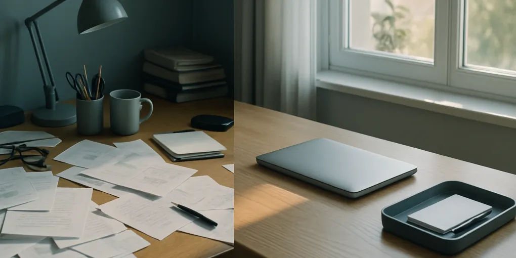 Cluttered home office desk with scattered papers, sticky notes, cables, and a laptop showing active work