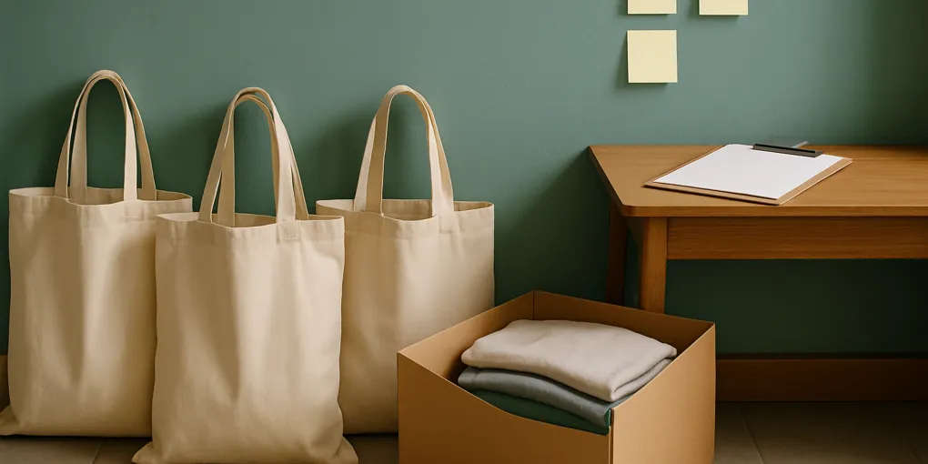 A neat entryway donation station with labeled boxes, reusable bags, clipboard, and a clear path to the door