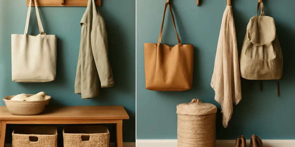 Bright entryway with a storage bench, labeled baskets, wall hooks, shoes, backpacks, and mail sorted into clear drop zones