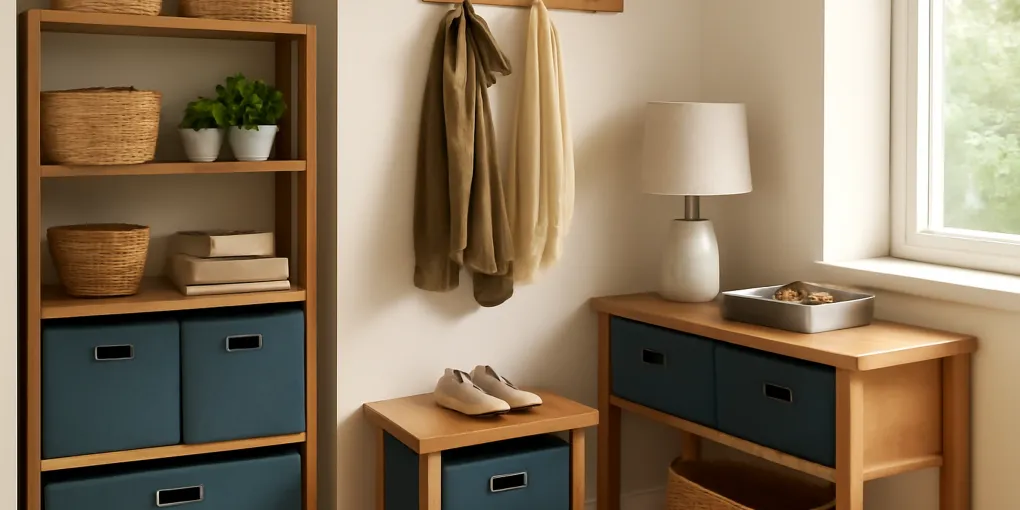 Photorealistic small apartment entryway with a slim shoe rack, wall hooks, mail tray, and compact return bin in natural light