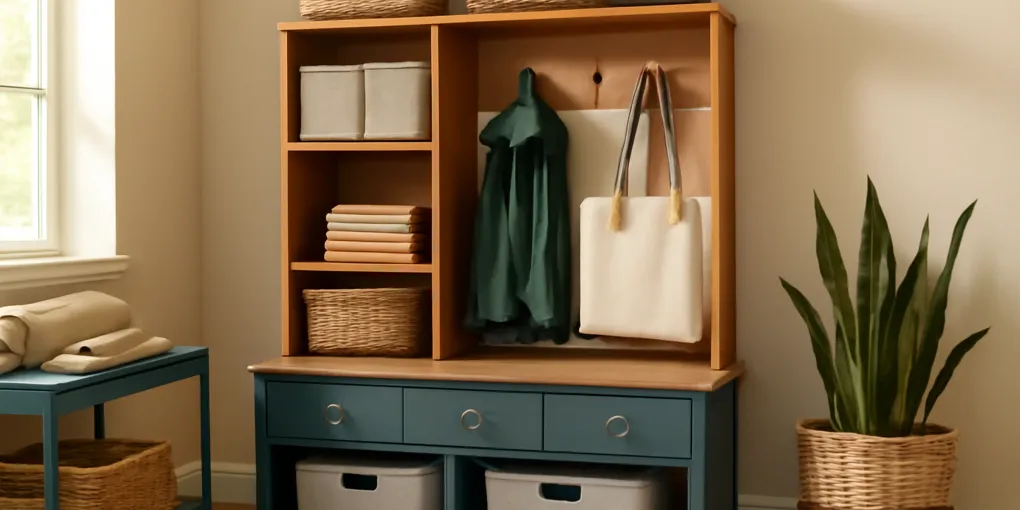 Photorealistic entryway drop zone system with bench, hooks, labeled bins, mail tray, and daily shoes