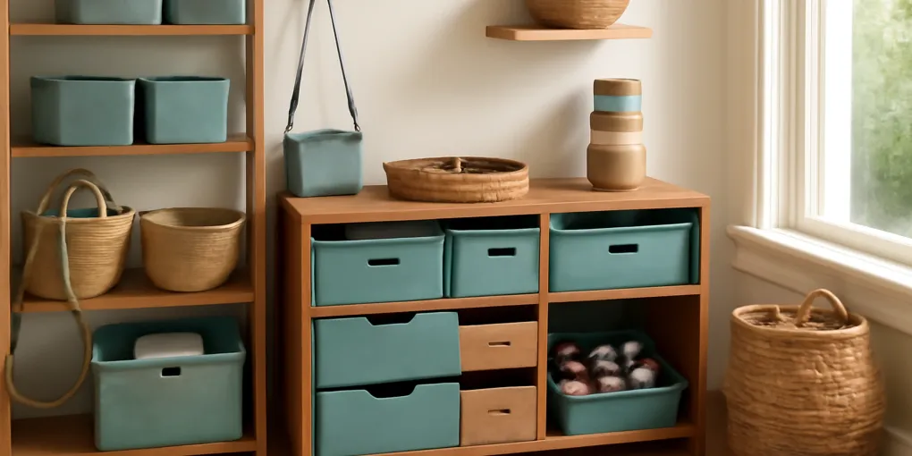 10-minute entryway landing zone reset with shoe tray, hooks, key bowl, and labeled mail basket in natural light