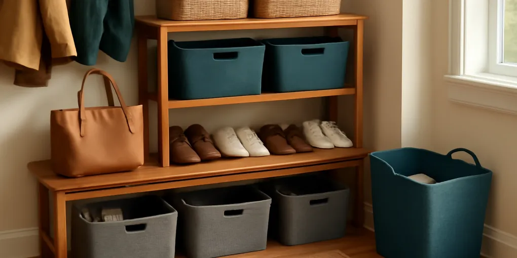 Organized entryway shoe drop zone setup in a real home with labeled zones, clear access paths, and practical storage products