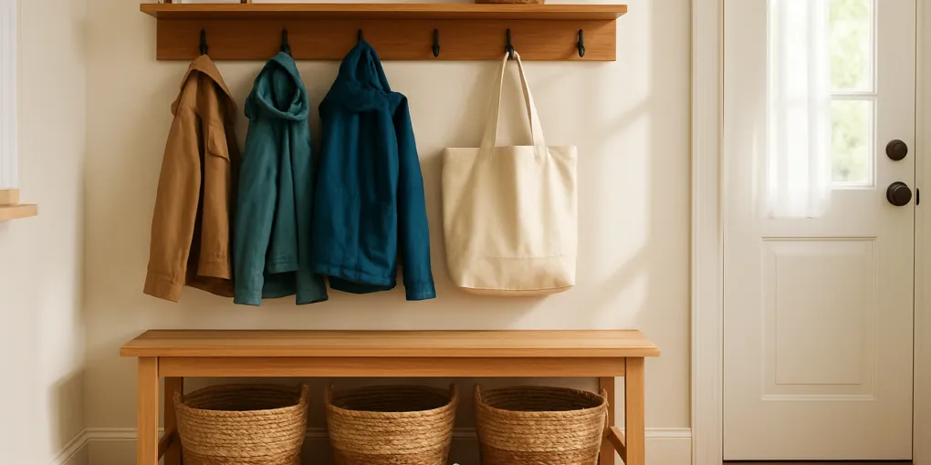 Organized family entry drop zone with hooks, baskets, labels, and a small mail tray