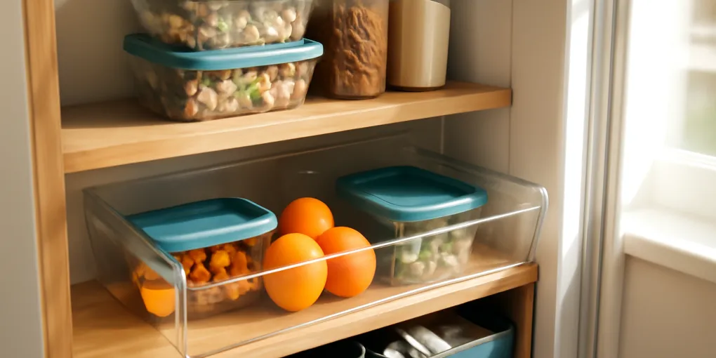 Clear refrigerator bin holding labeled leftover containers near the front of a tidy fridge shelf