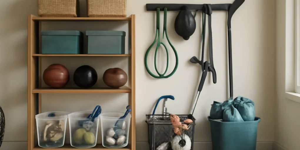 Organized garage sports equipment storage system setup in a real home with labeled zones, clear access paths, and practical storage products