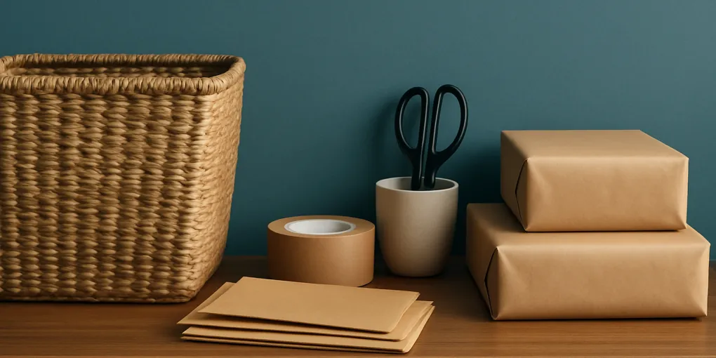 Organized entryway shelf with labeled return bin, envelopes, packing tape, scissors, and outgoing packages