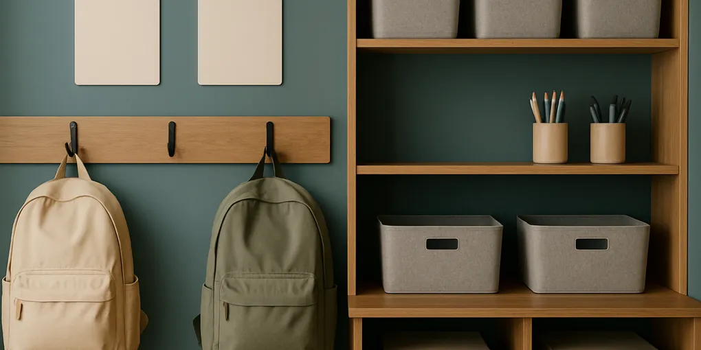 Family school command center with backpack hooks, paper pockets, calendar, lunch bin, and labeled folders