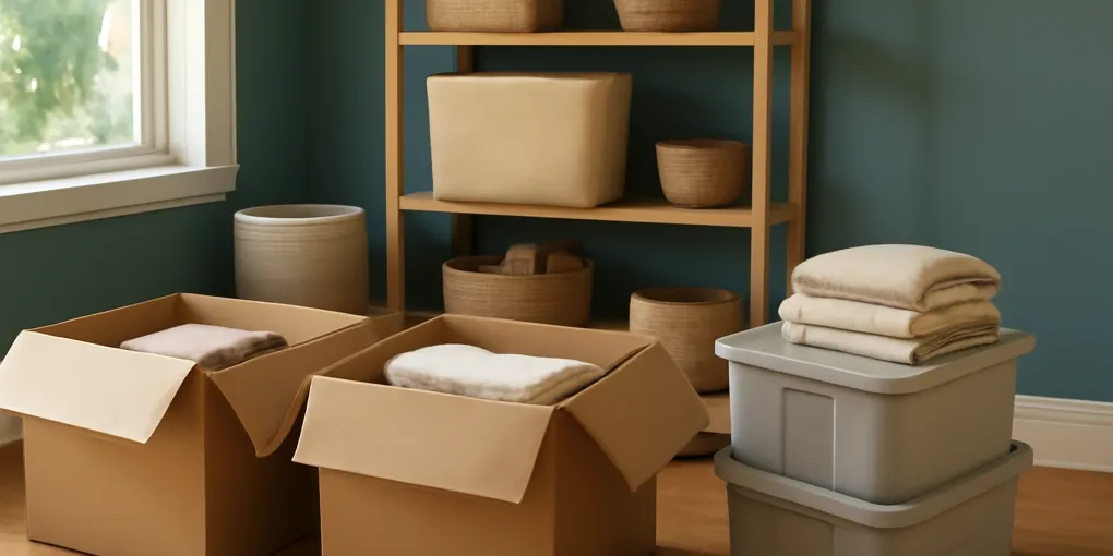 Organized donation staging area with labeled bags, a checklist, small shelf, and car-ready box near a home entryway