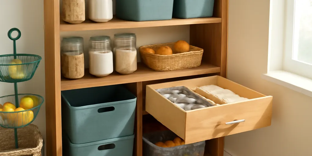 Deep pantry with pull-forward bins, date labels, risers, and clear zones