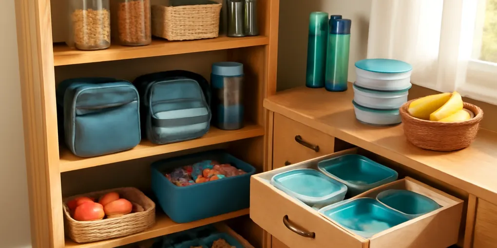 Kitchen cabinet with labeled snack bins, lunch containers, thermos bottles, and a weekly school lunch station