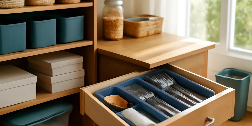 Compact tiered cutlery organizer inside a small kitchen drawer with neatly stacked forks spoons and knives