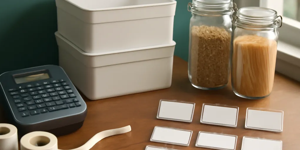 Photorealistic desk with compact label maker printed labels pantry jars and storage bins