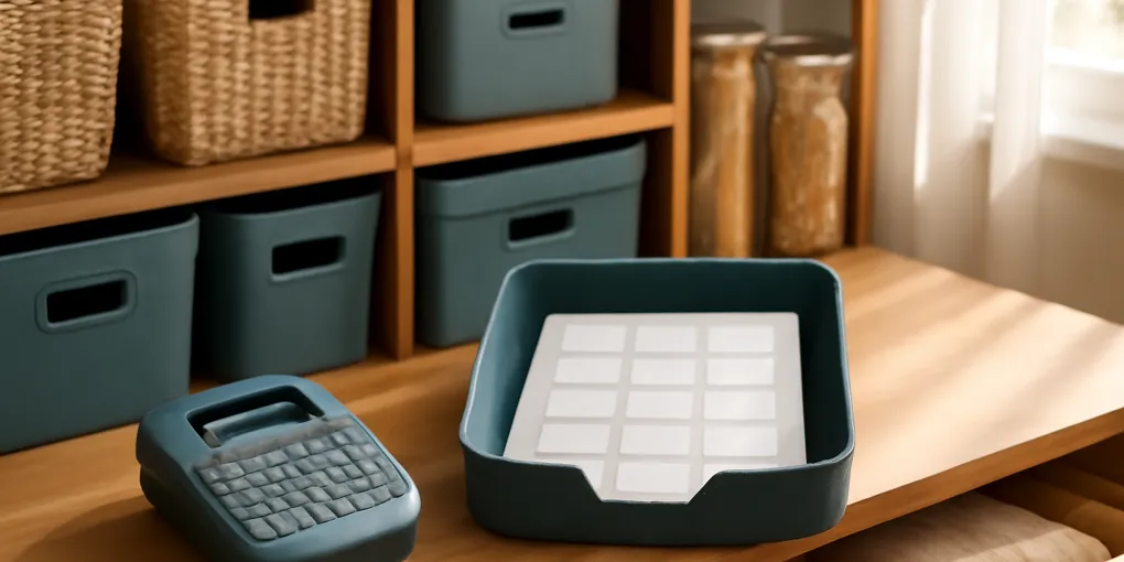 Table with label maker, printable label sheets, clear bins, pantry jars, and storage totes