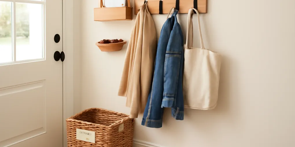 Organized entryway landing zone with hooks, mail tray, labeled basket, keys, and tote bags near a front door