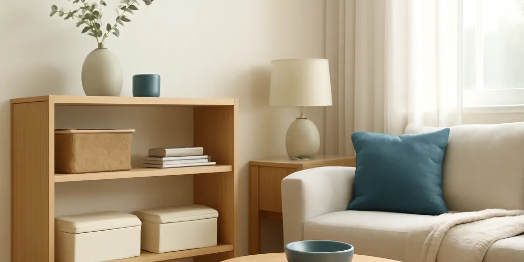 Low visual noise storage with matching bins and calm shelves in a bright organized living space