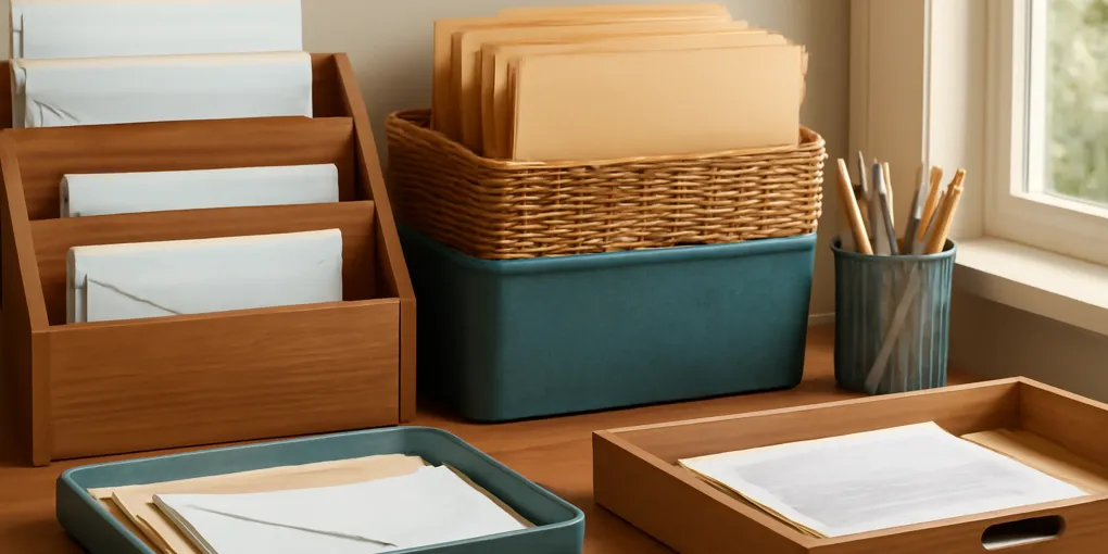 Photorealistic organized home scene showing mail triage station countertop protocol