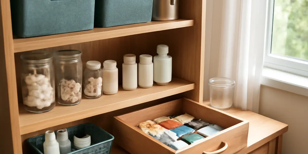 Organized medicine cabinet with clear bins, first aid supplies, and unlabeled bottles arranged safely on a bathroom shelf
