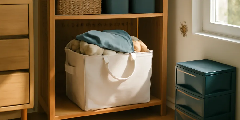 Photorealistic tidy laundry room shelf with one labeled donation bin, folded clothing, and a small checklist in natural light