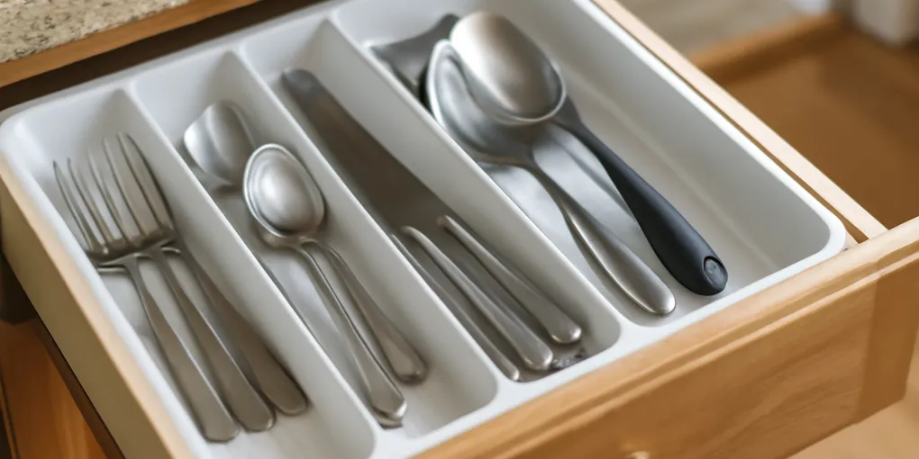 Kitchen drawer with an expandable utensil organizer separating forks, spoons, knives, and serving tools in tidy compartments