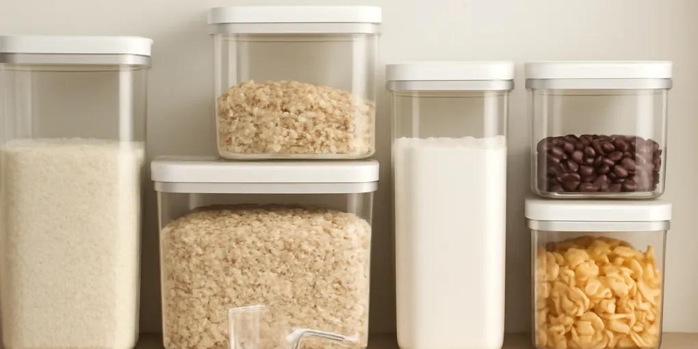 Clean pantry shelf with modular airtight food storage containers and neutral kitchen organization
