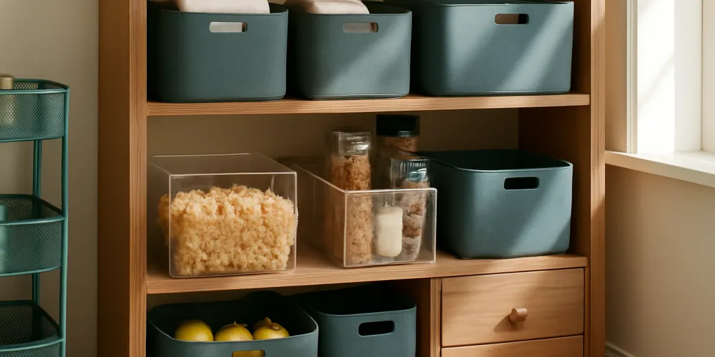 Clear pantry bins on deep white shelves with labels, cans, grains, snacks, and a tape measure in a bright organized kitchen