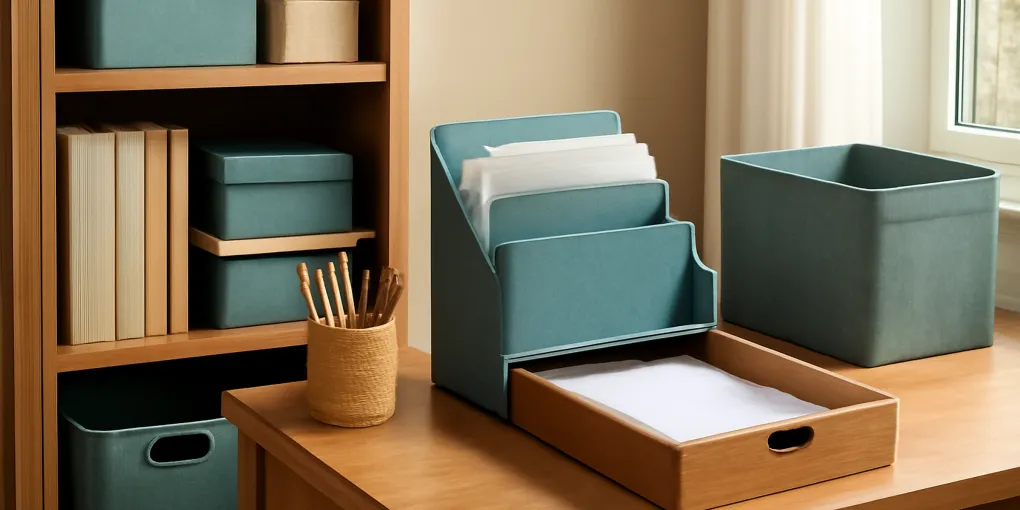 Tidy kitchen command center with a simple paper tray, neutral folders, and uncluttered counter without readable text
